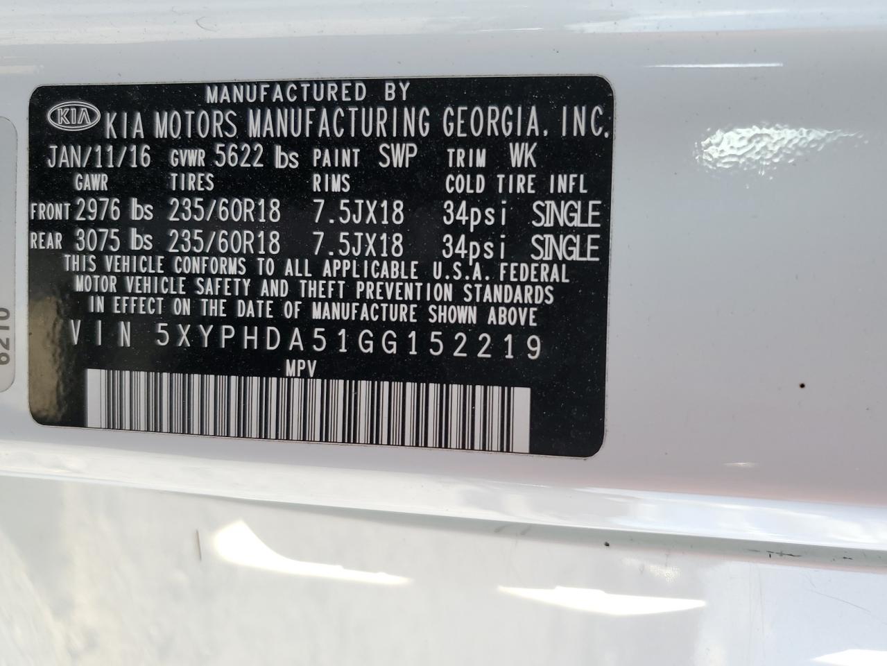 2016 Kia Sorento Ex VIN: 5XYPHDA51GG152219 Lot: 72025045