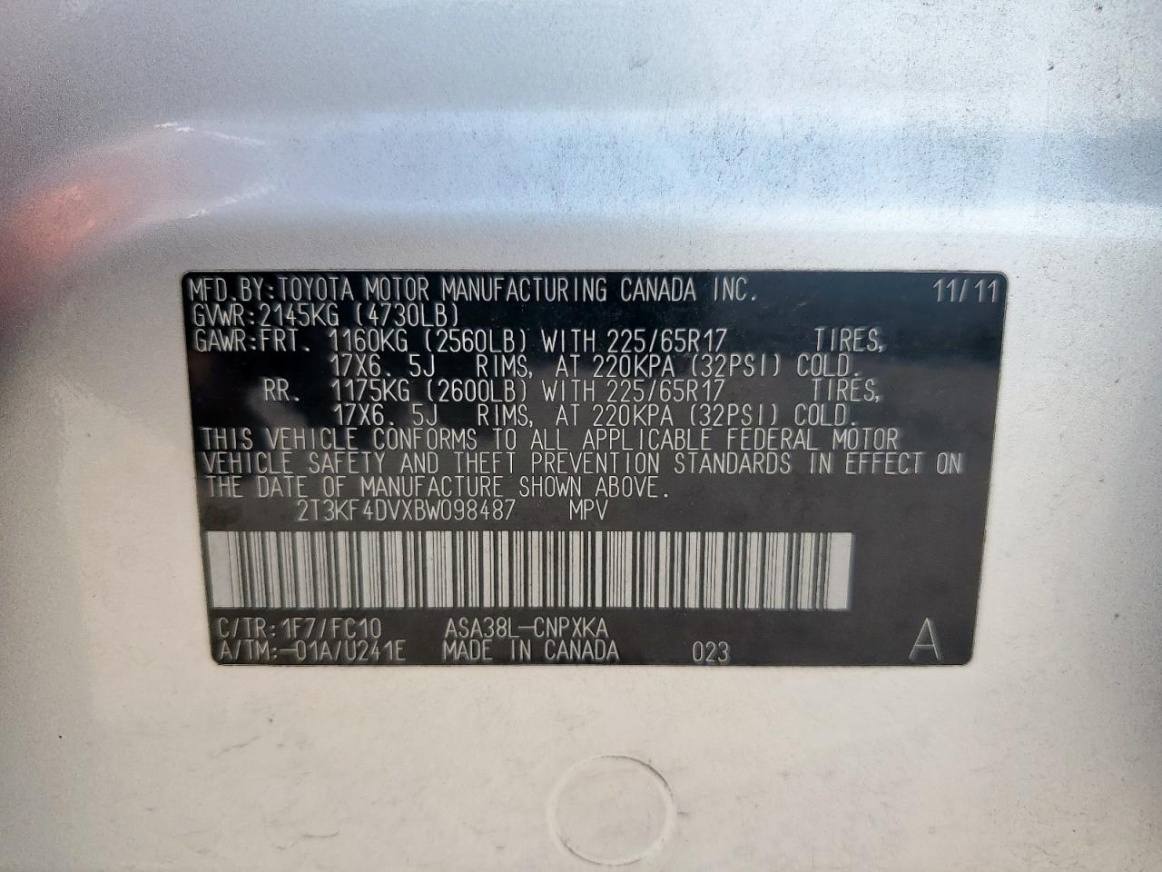 2011 Toyota Rav4 VIN: 2T3KF4DVXBW098487 Lot: 71192485