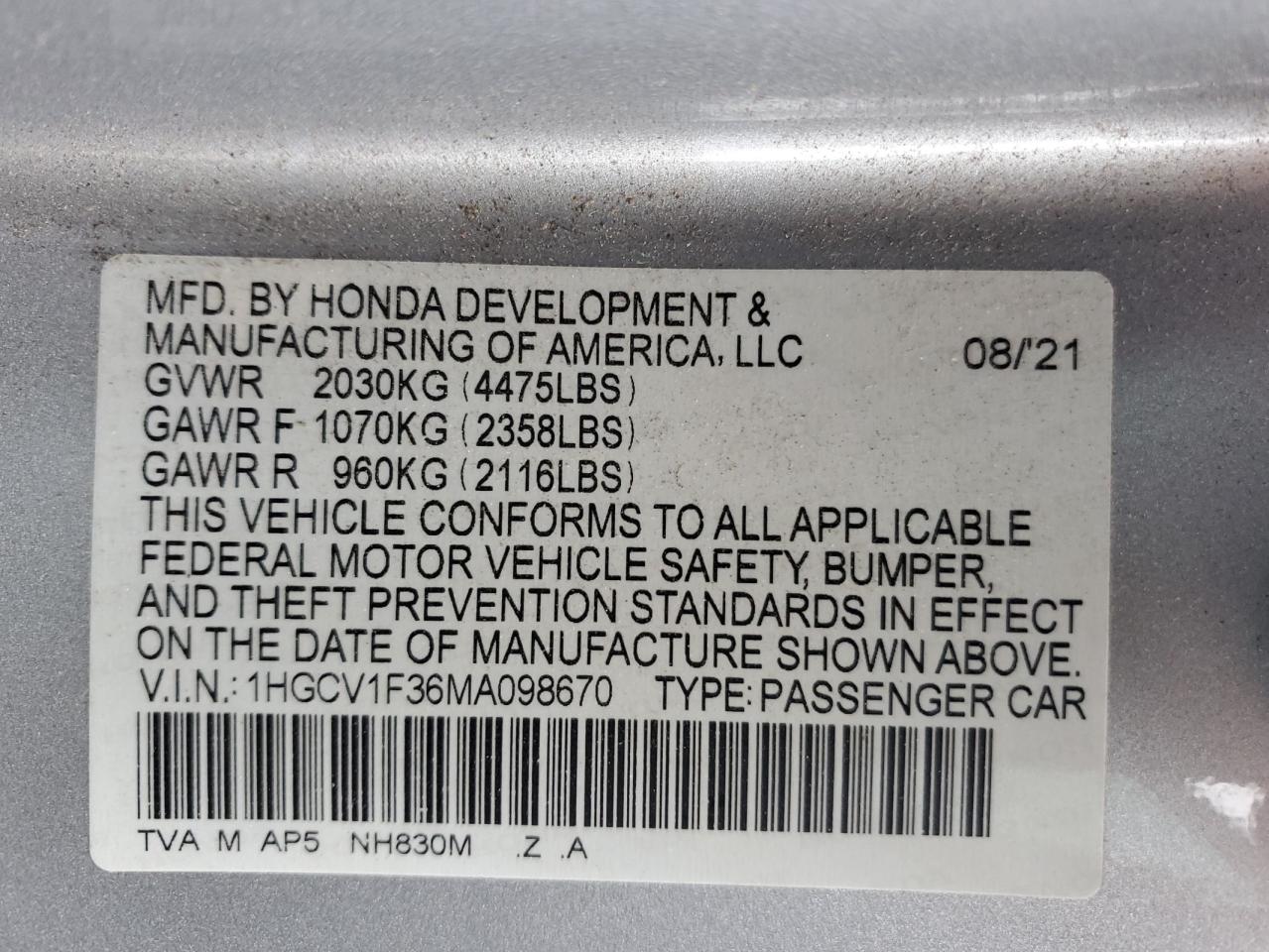 2021 Honda Accord Sport VIN: 1HGCV1F36MA098670 Lot: 83982085