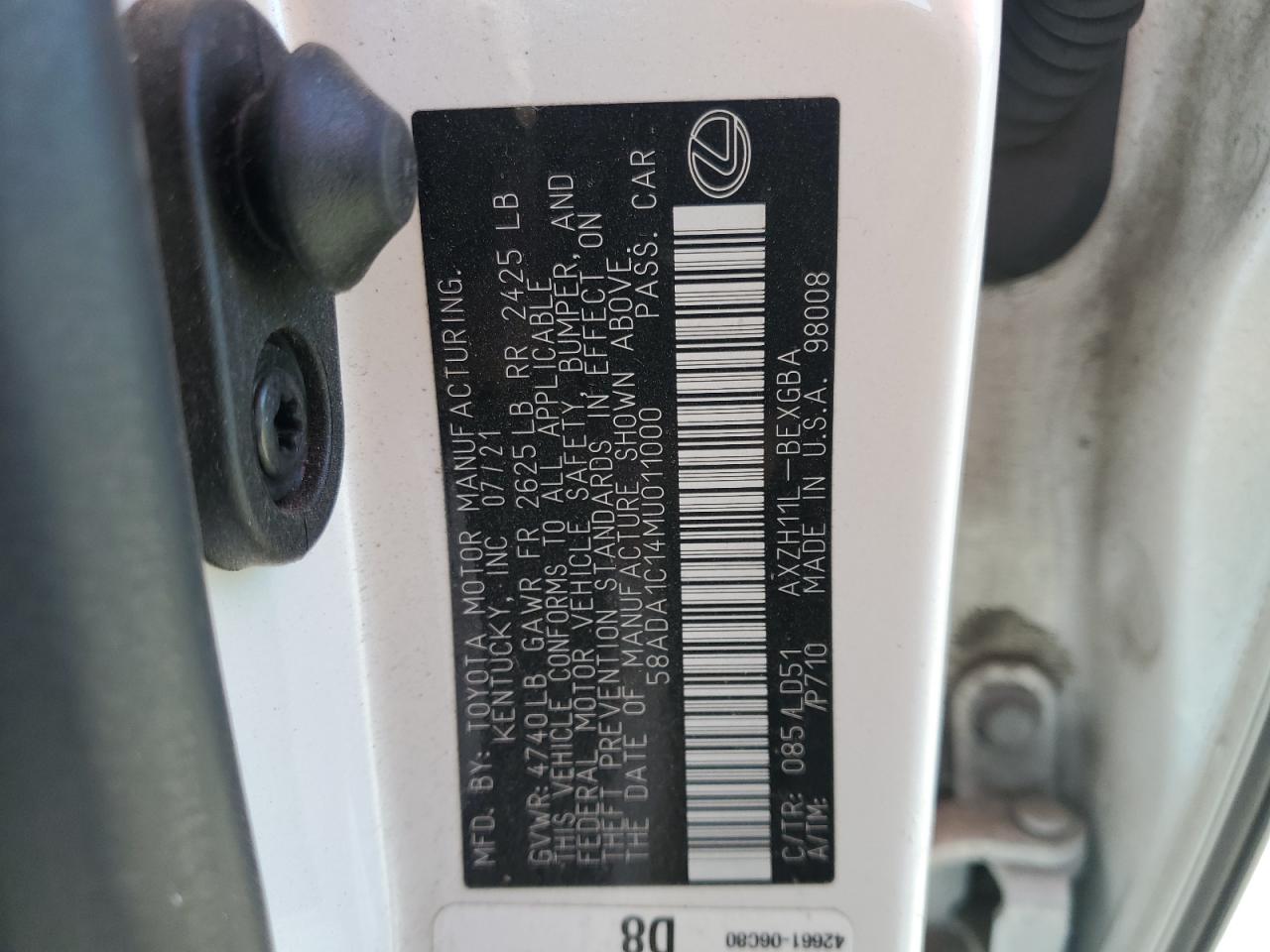 2021 Lexus Es 300H VIN: 58ADA1C14MU011000 Lot: 71674265