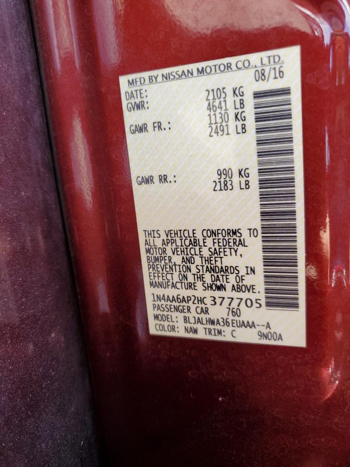 2017 Nissan Maxima 3.5S VIN: 1N4AA6AP2HC377705 Lot: 80000095