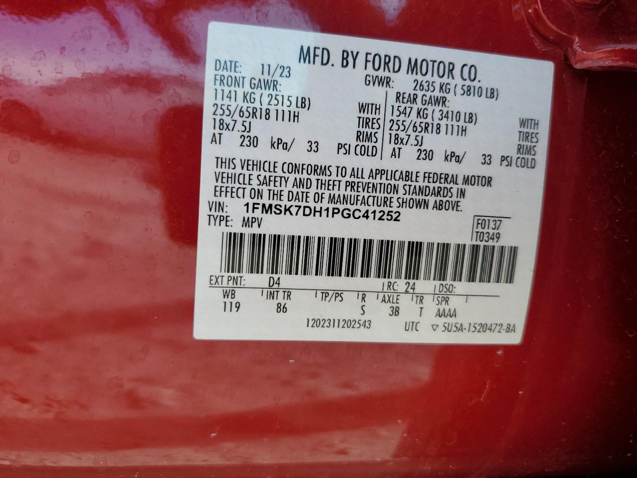 2023 Ford Explorer Xlt VIN: 1FMSK7DH1PGC41252 Lot: 83764975