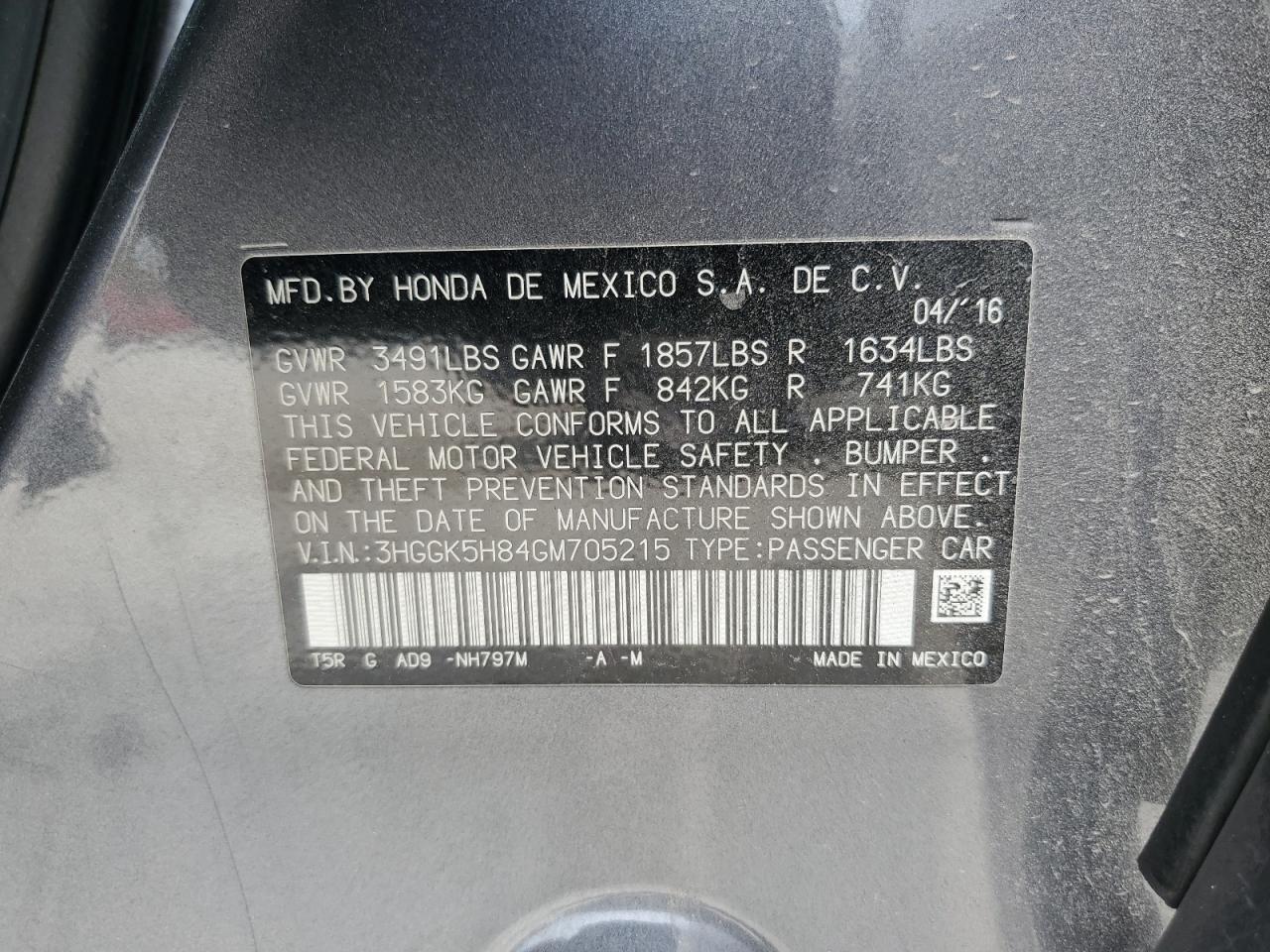 2016 Honda Fit Ex VIN: 3HGGK5H84GM705215 Lot: 81703405