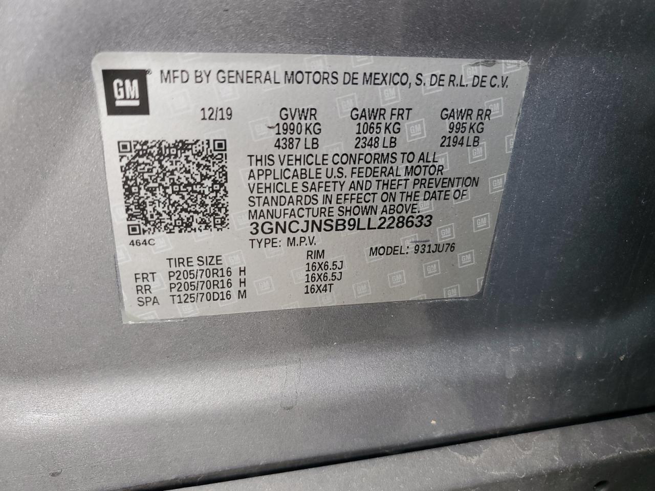 2020 Chevrolet Trax Ls VIN: 3GNCJNSB9LL228633 Lot: 84216535