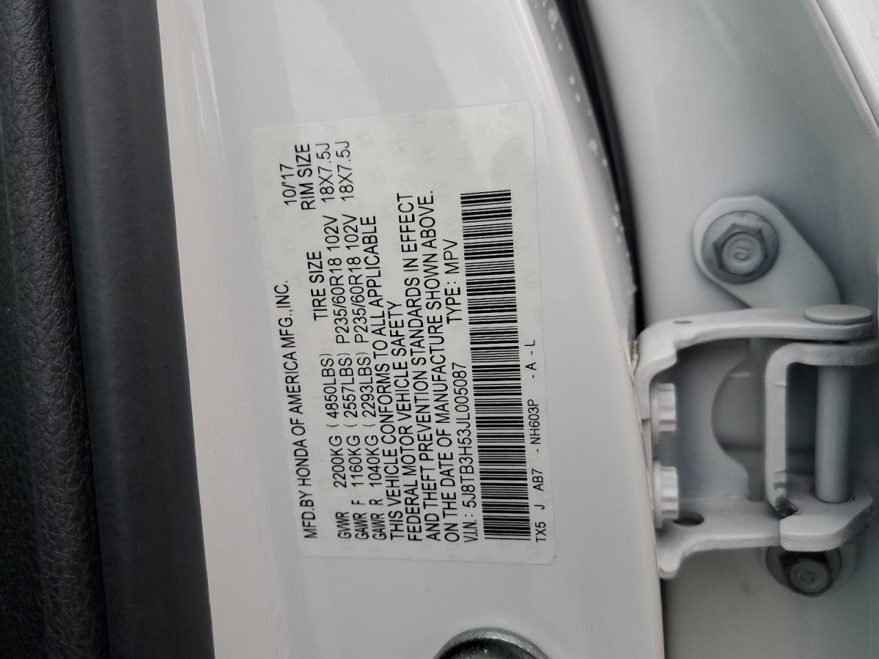 2018 Acura Rdx Technology VIN: 5J8TB3H53JL005087 Lot: 83970505