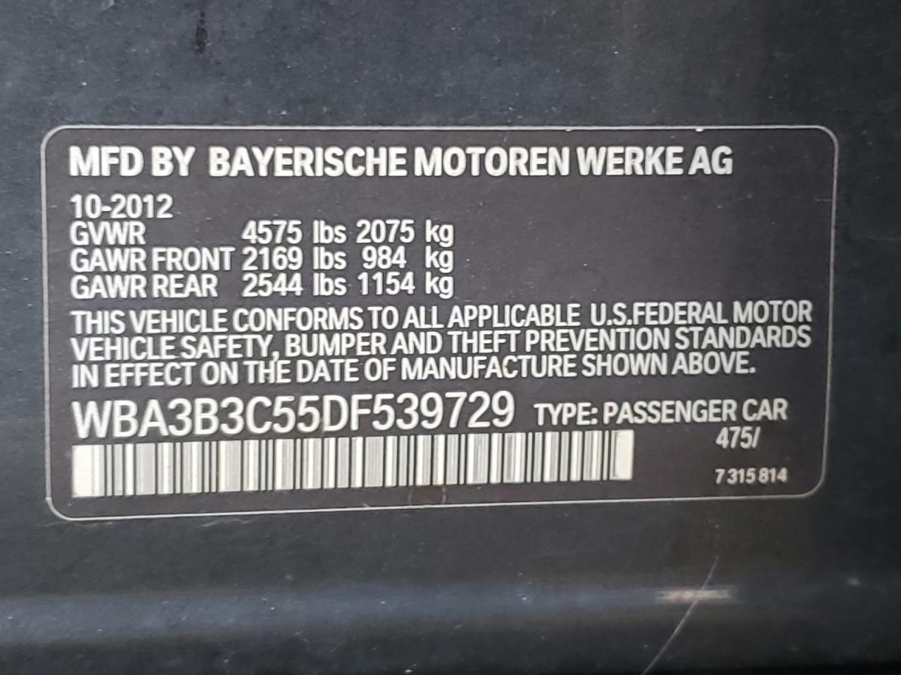 2013 BMW 328 Xi VIN: WBA3B3C55DF539729 Lot: 71986465