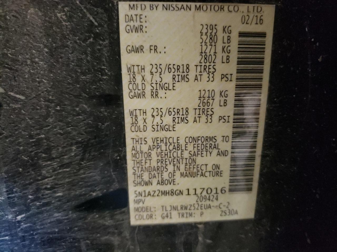 2016 Nissan Murano S VIN: 5N1AZ2MH8GN117016 Lot: 81804115
