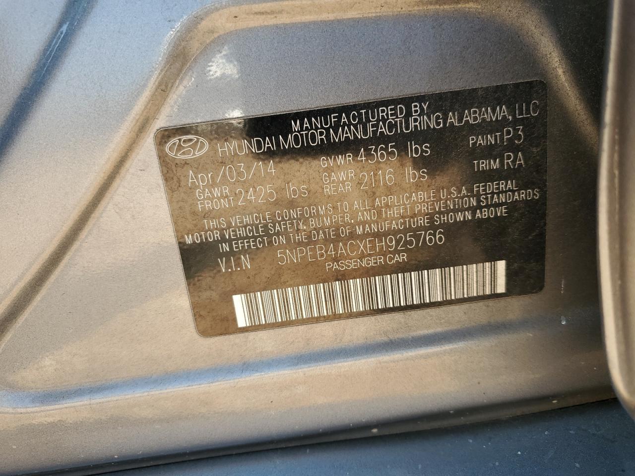 2014 Hyundai Sonata Gls VIN: 5NPEB4ACXEH925766 Lot: 71889885