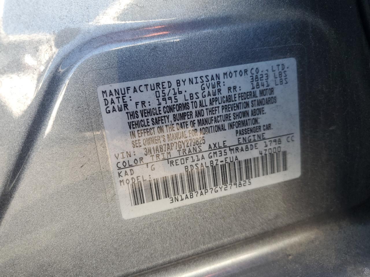 2016 Nissan Sentra S VIN: 3N1AB7AP7GY279825 Lot: 80917395