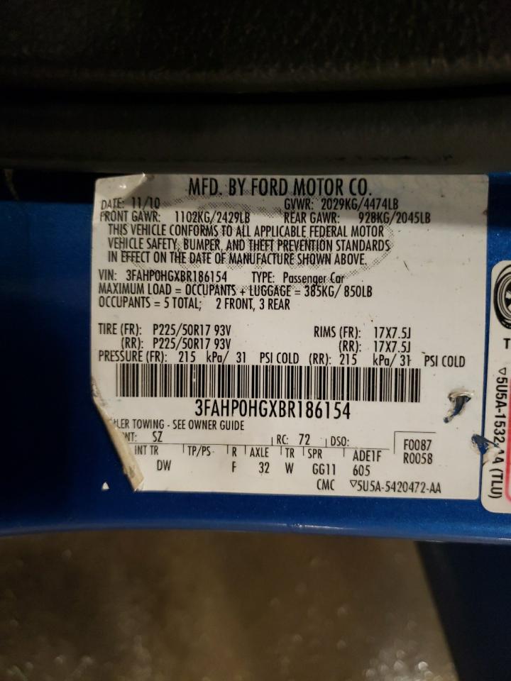 2011 Ford Fusion Se VIN: 3FAHP0HGXBR186154 Lot: 80459565