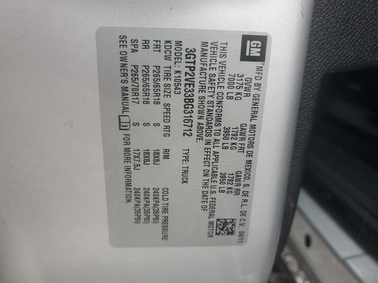 2011 GMC Sierra K1500 Sle VIN: 3GTP2VE33BG316712 Lot: 82156915