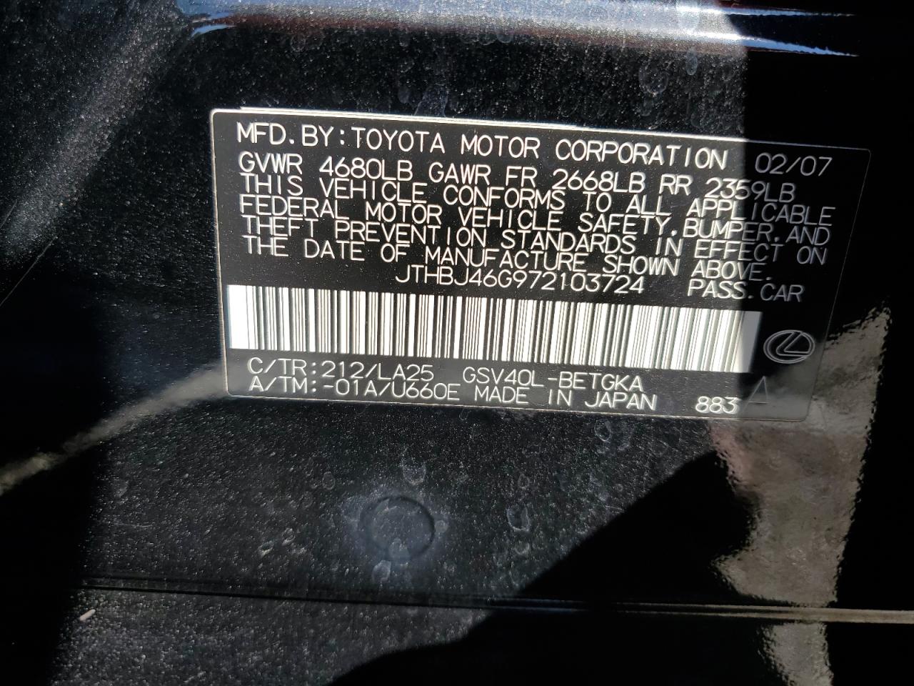 2007 Lexus Es 350 VIN: JTHBJ46G972103724 Lot: 80398545