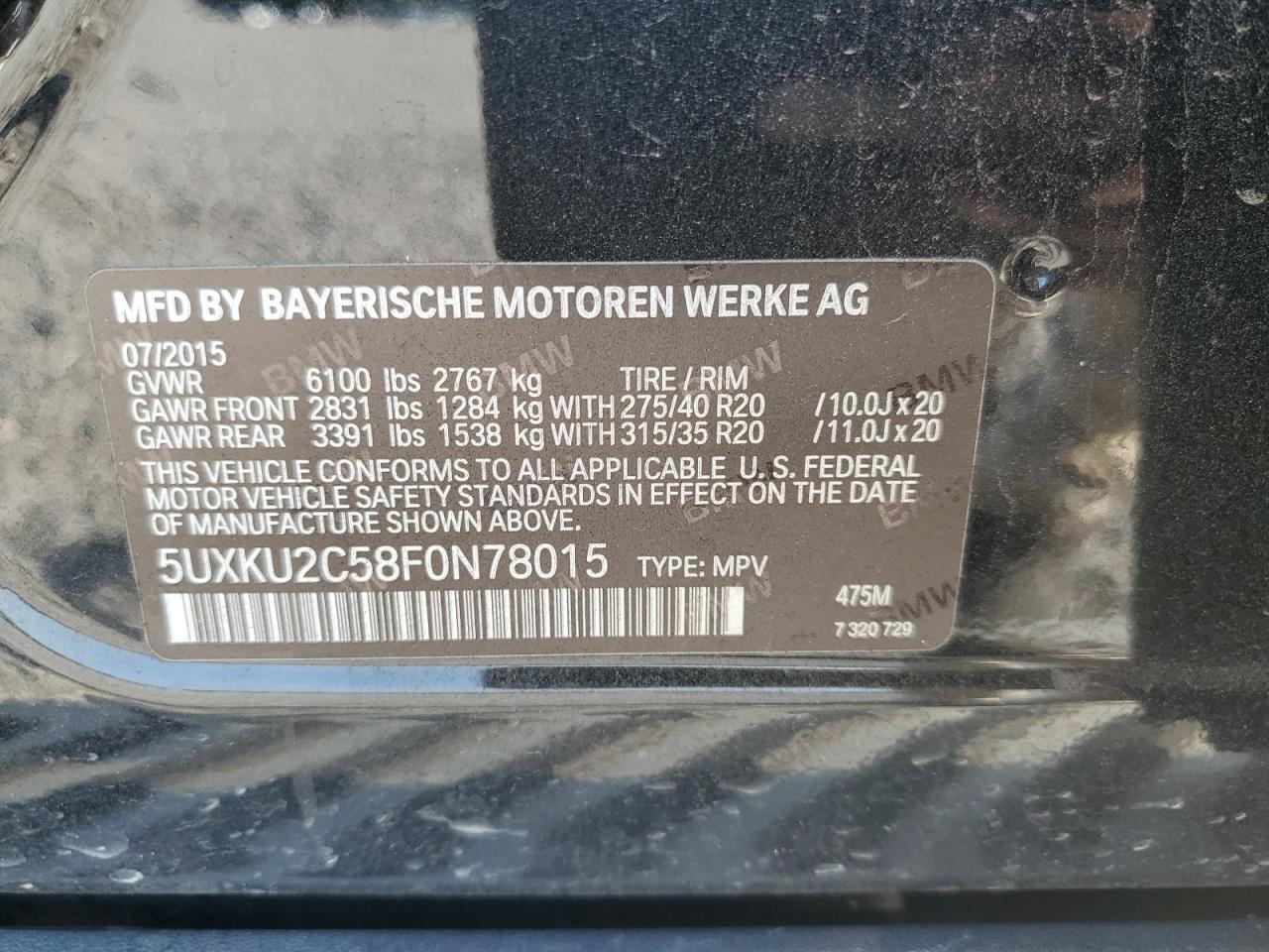 2015 BMW X6 xDrive35I VIN: 5UXKU2C58F0N78015 Lot: 72038915