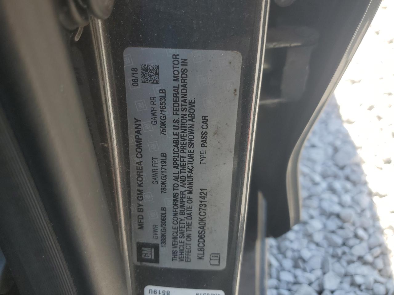 2019 Chevrolet Spark 1Lt VIN: KL8CD6SA0KC731421 Lot: 80447335