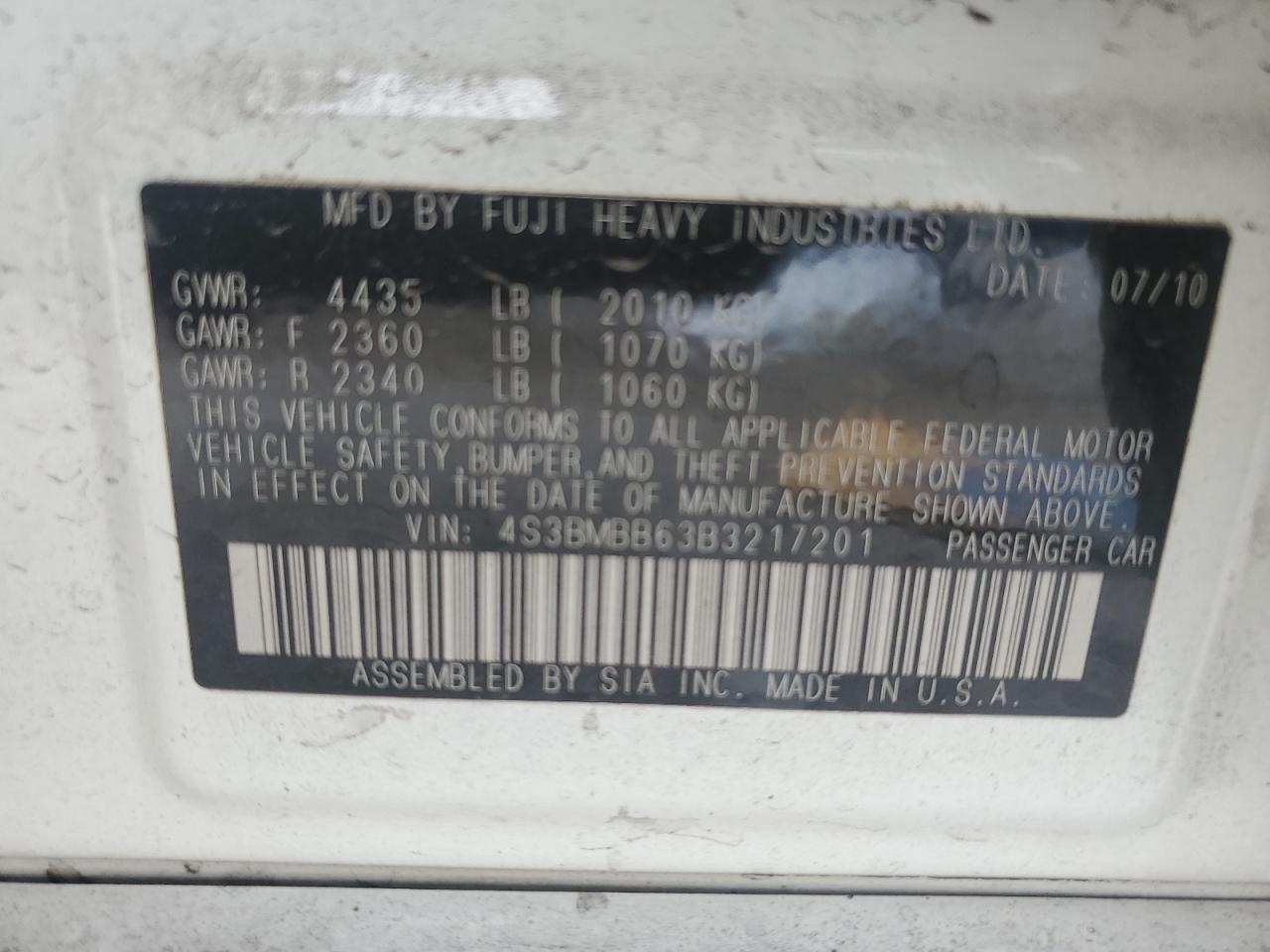 2011 Subaru Legacy 2.5I Premium VIN: 4S3BMBB63B3217201 Lot: 84045685