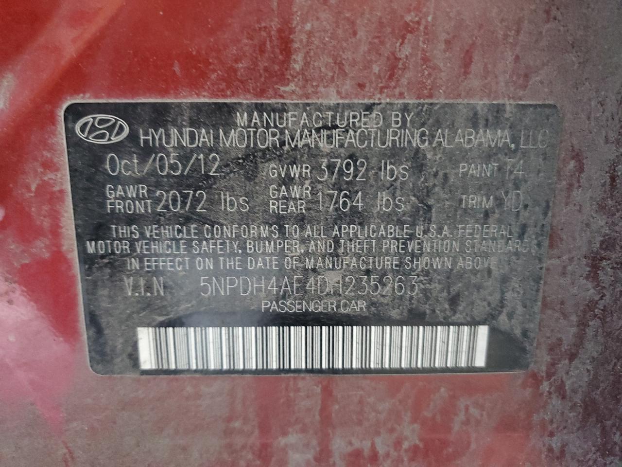 2013 Hyundai Elantra Gls VIN: 5NPDH4AE4DH235263 Lot: 81943885