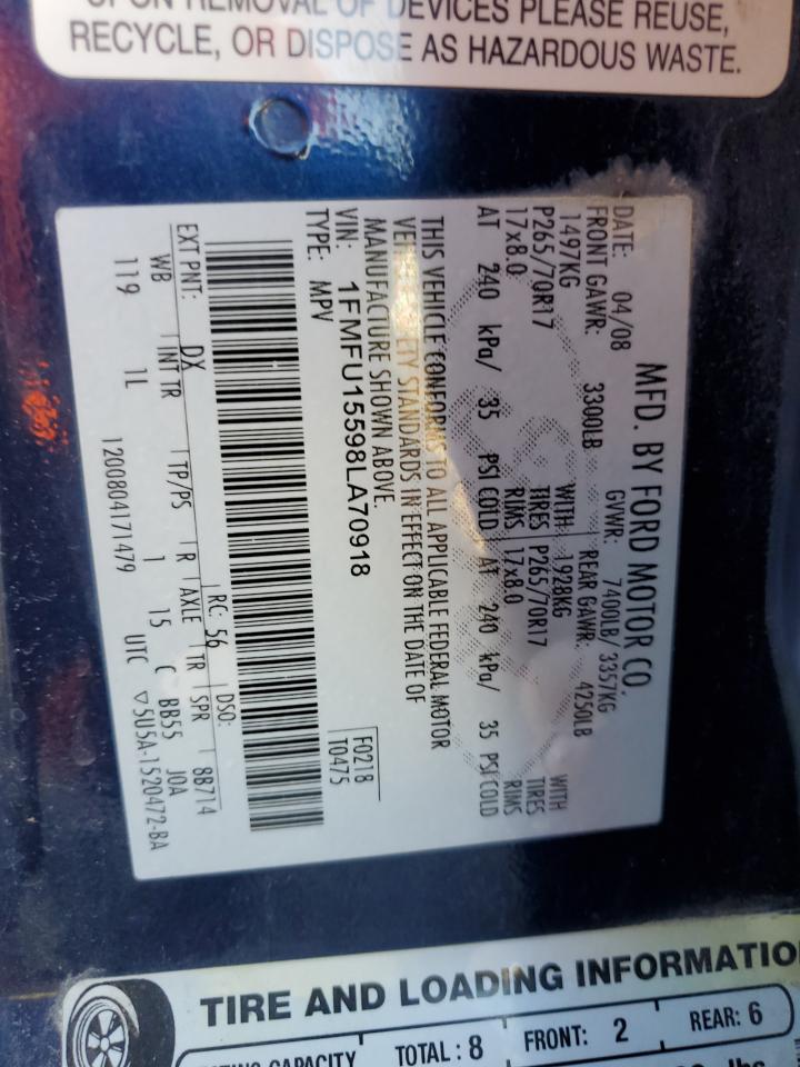 2008 Ford Expedition Xlt VIN: 1FMFU15598LA70918 Lot: 81832085