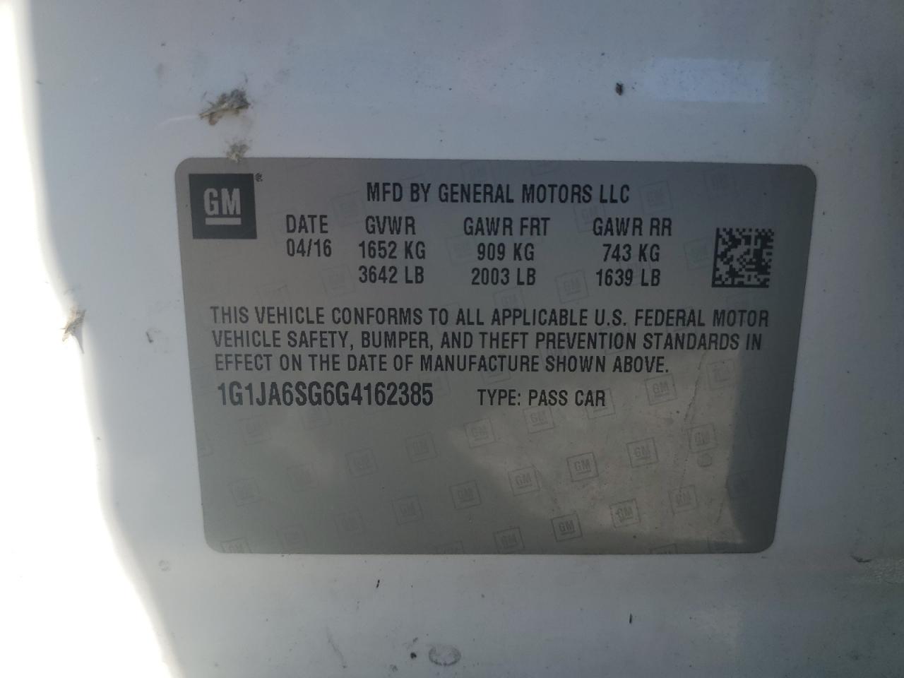 2016 Chevrolet Sonic Ls VIN: 1G1JA6SG6G4162385 Lot: 70728745