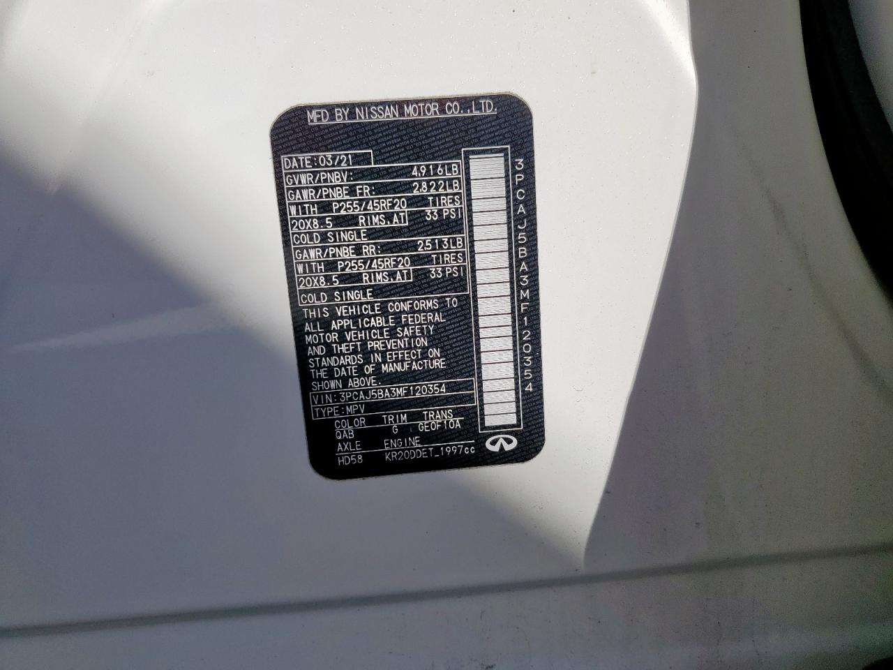 2021 Infiniti Qx50 Luxe VIN: 3PCAJ5BA3MF120354 Lot: 71445875