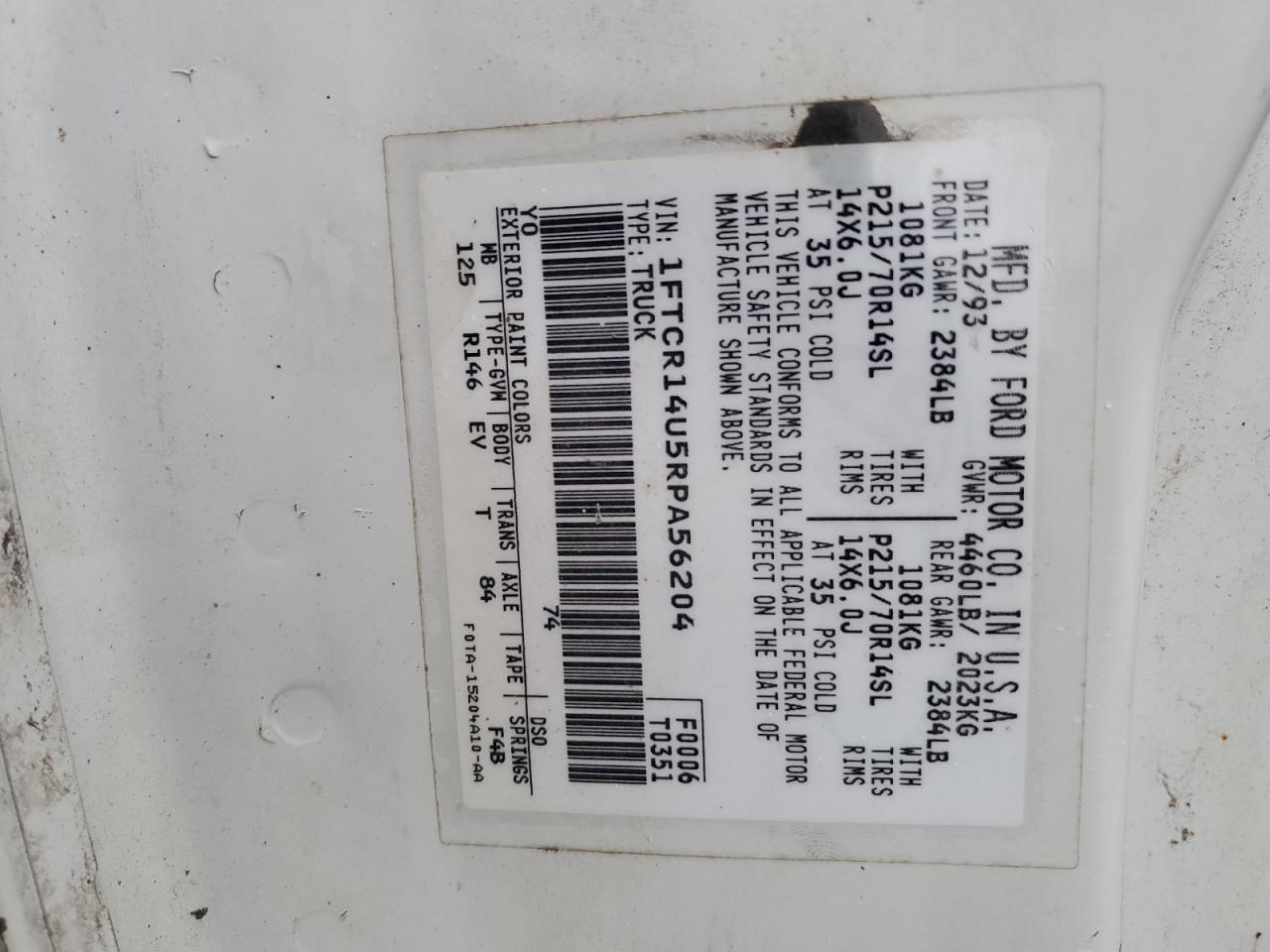 1994 Ford Ranger Super Cab VIN: 1FTCR14U5RPA56204 Lot: 71426885