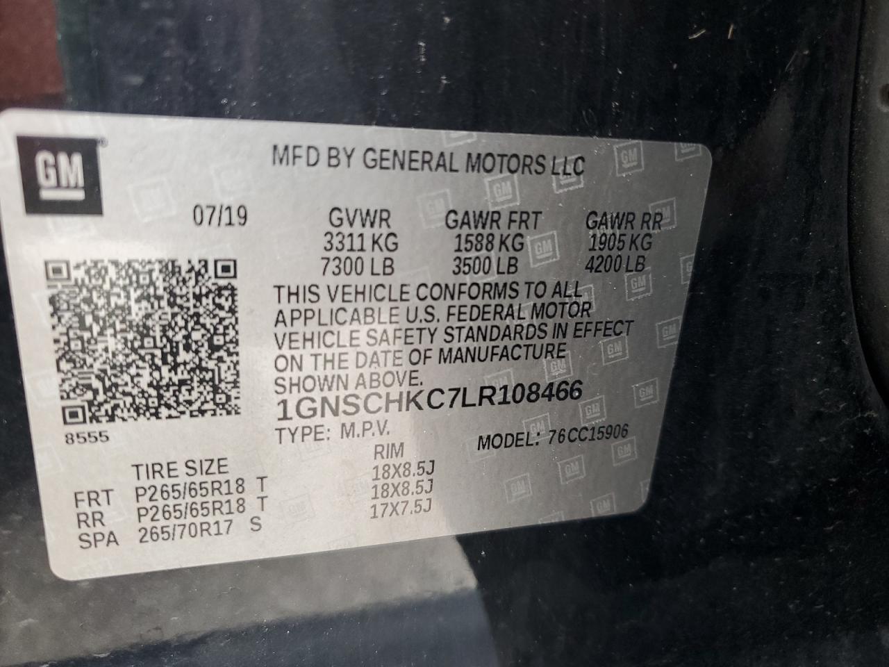 2020 Chevrolet Suburban C1500 Lt VIN: 1GNSCHKC7LR108466 Lot: 71897095