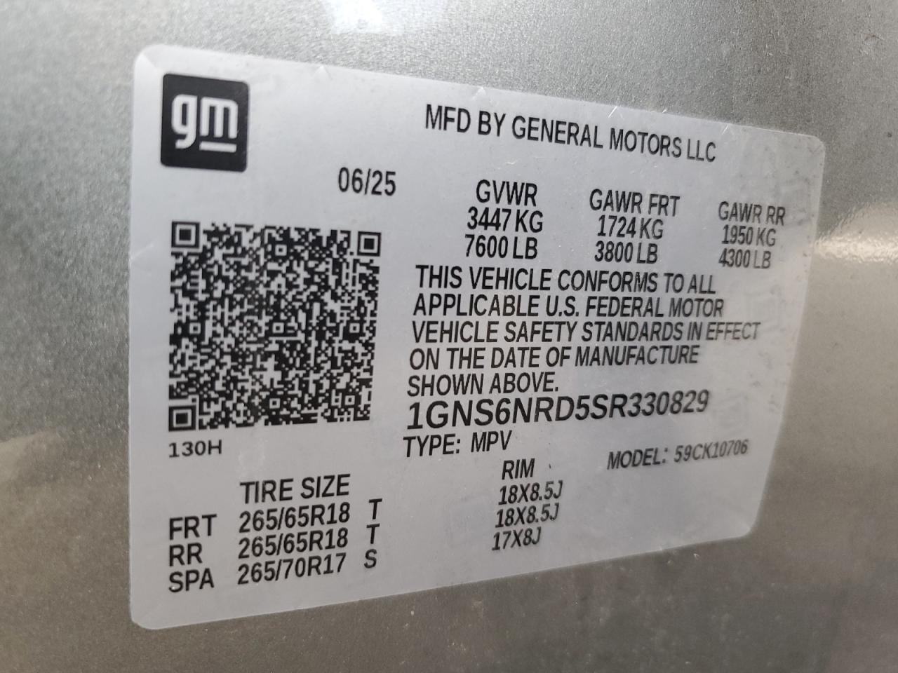 2025 Chevrolet Tahoe K1500 Lt VIN: 1GNS6NRD5SR330829 Lot: 80654425