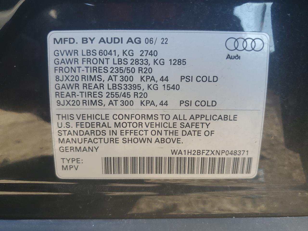 2022 Audi Q4 E-Tron Premium Plus VIN: WA1H2BFZXNP048371 Lot: 71986775