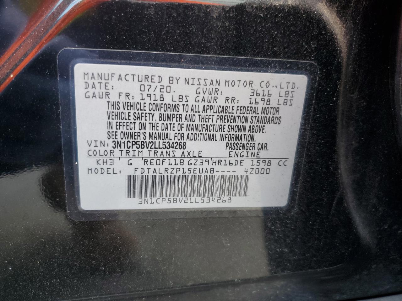 2020 Nissan Kicks S VIN: 3N1CP5BV2LL534268 Lot: 80118145