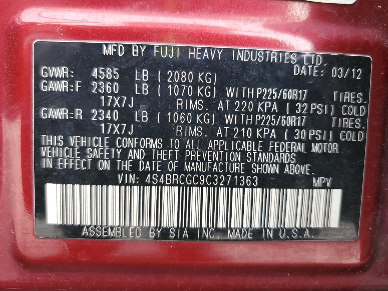 2012 Subaru Outback 2.5I Premium VIN: 4S4BRCGC9C3271363 Lot: 81662075