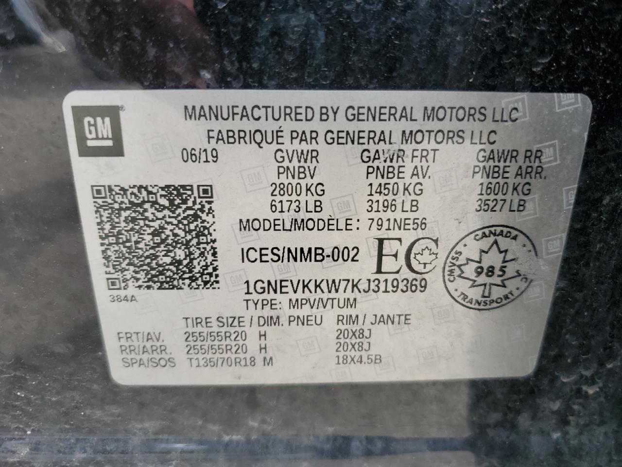 2019 Chevrolet Traverse Premier VIN: 1GNEVKKW7KJ319369 Lot: 83842415