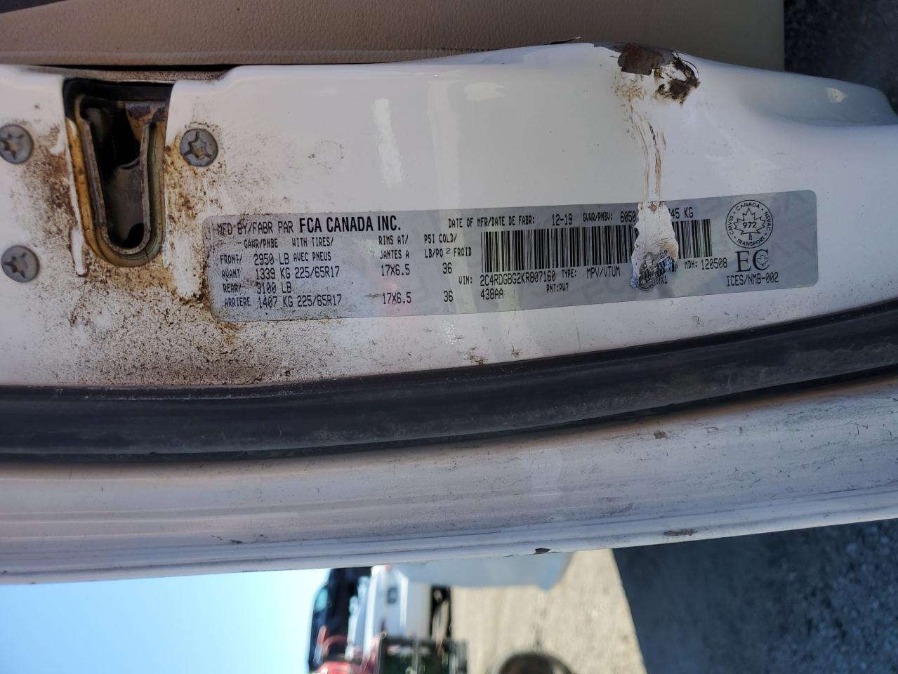 2019 Dodge Grand Caravan Se VIN: 2C4RDGBG2KR807160 Lot: 83952215