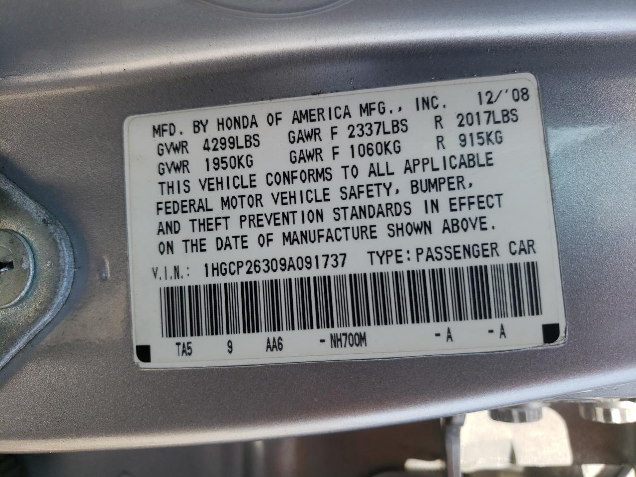 2009 Honda Accord Lx VIN: 1HGCP26309A091737 Lot: 82026485