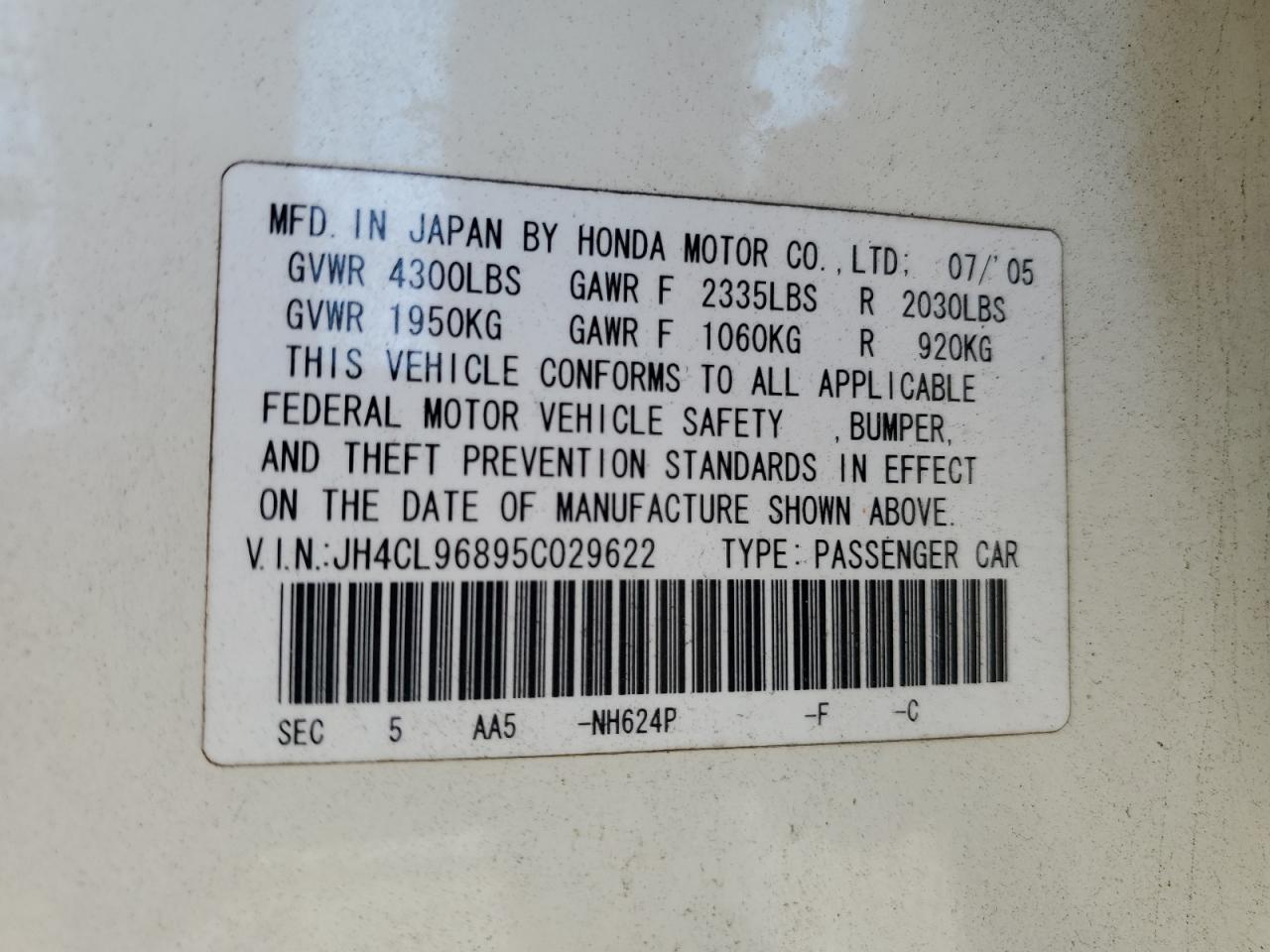 2005 Acura Tsx VIN: JH4CL96895C029622 Lot: 71828305