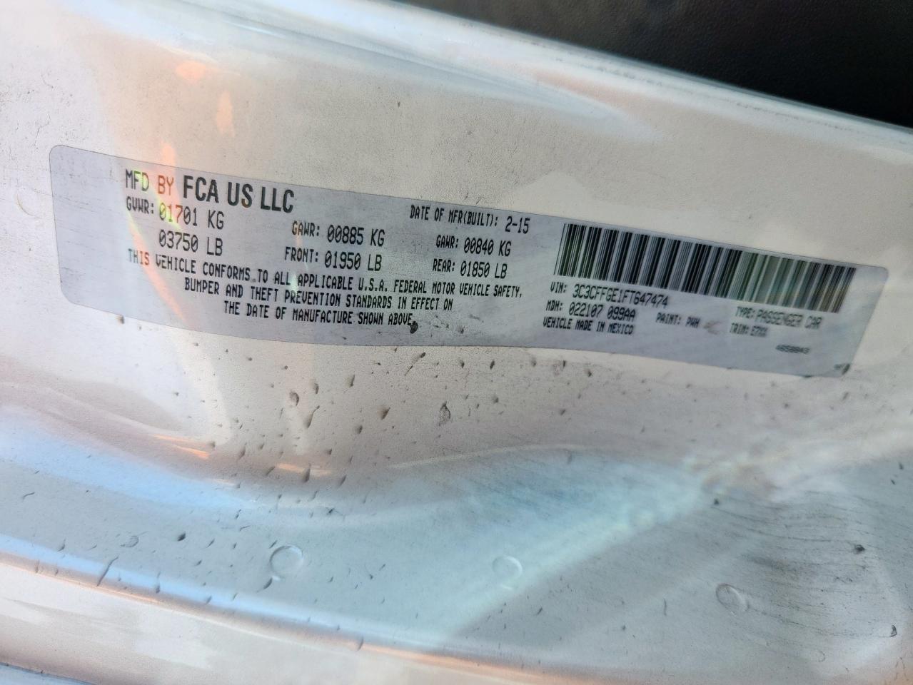 2015 Fiat 500 Electric VIN: 3C3CFFGE1FT647474 Lot: 84215065