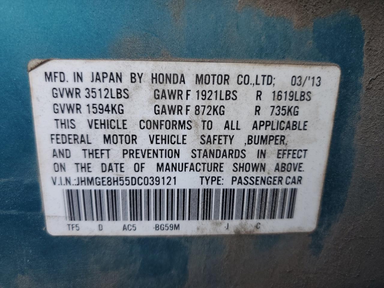 2013 Honda Fit Sport VIN: JHMGE8H55DC039121 Lot: 81113335