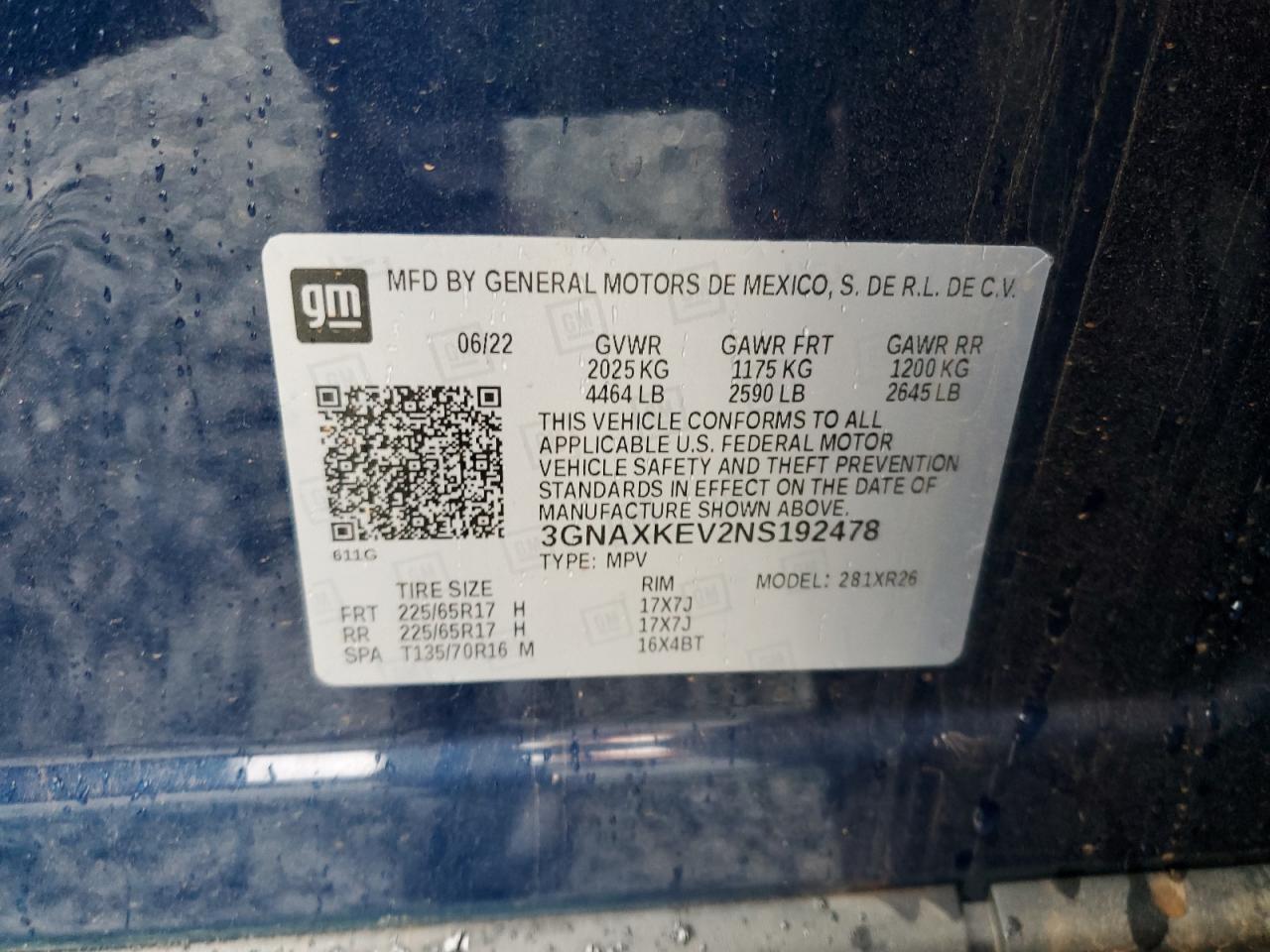 2022 Chevrolet Equinox Lt VIN: 3GNAXKEV2NS192478 Lot: 81744285