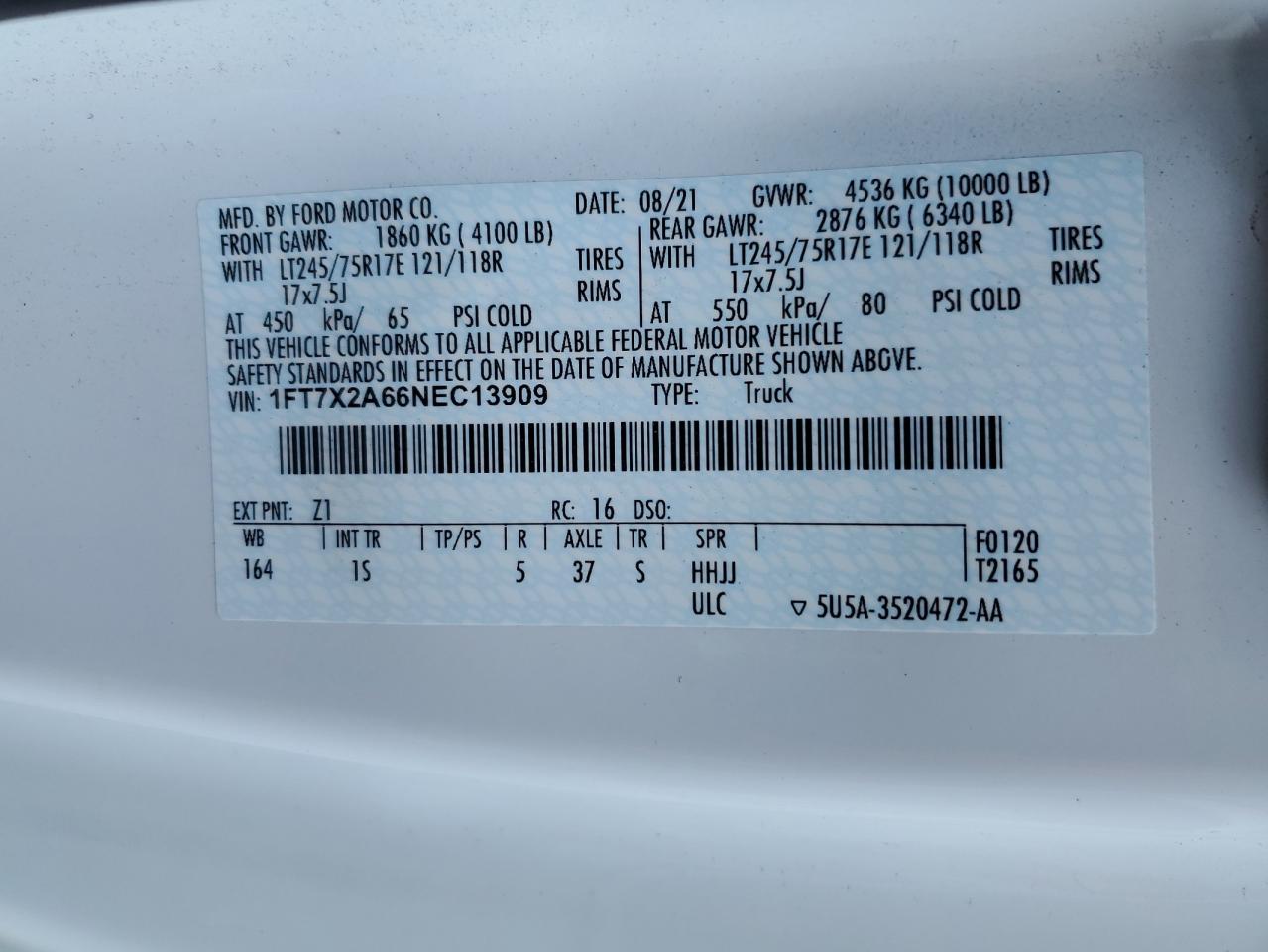 2022 Ford F250 Super Duty VIN: 1FT7X2A66NEC13909 Lot: 80494215