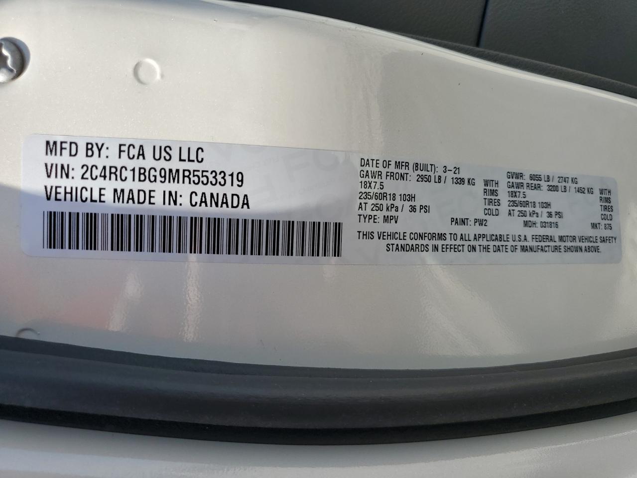 2021 Chrysler Pacifica Touring L VIN: 2C4RC1BG9MR553319 Lot: 80578755