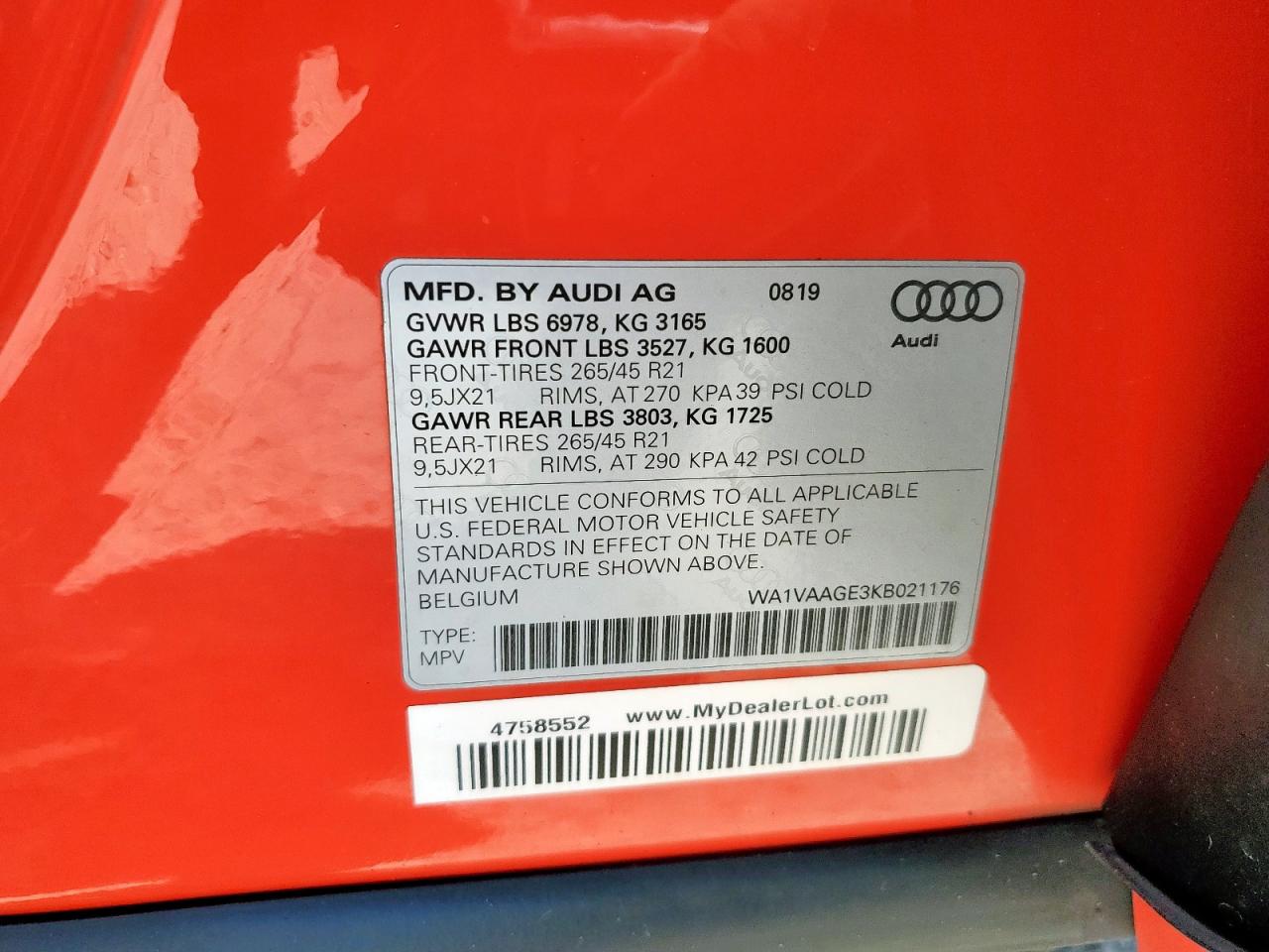 2019 Audi E-Tron Prestige VIN: WA1VAAGE3KB021176 Lot: 71873205