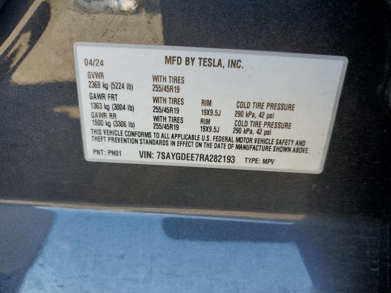 2024 Tesla Model Y VIN: 7SAYGDEE7RA282193 Lot: 80733165