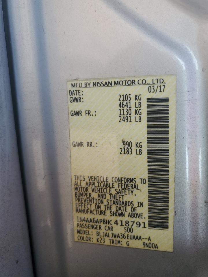 2017 Nissan Maxima 3.5S VIN: 1N4AA6AP8HC418791 Lot: 81067955