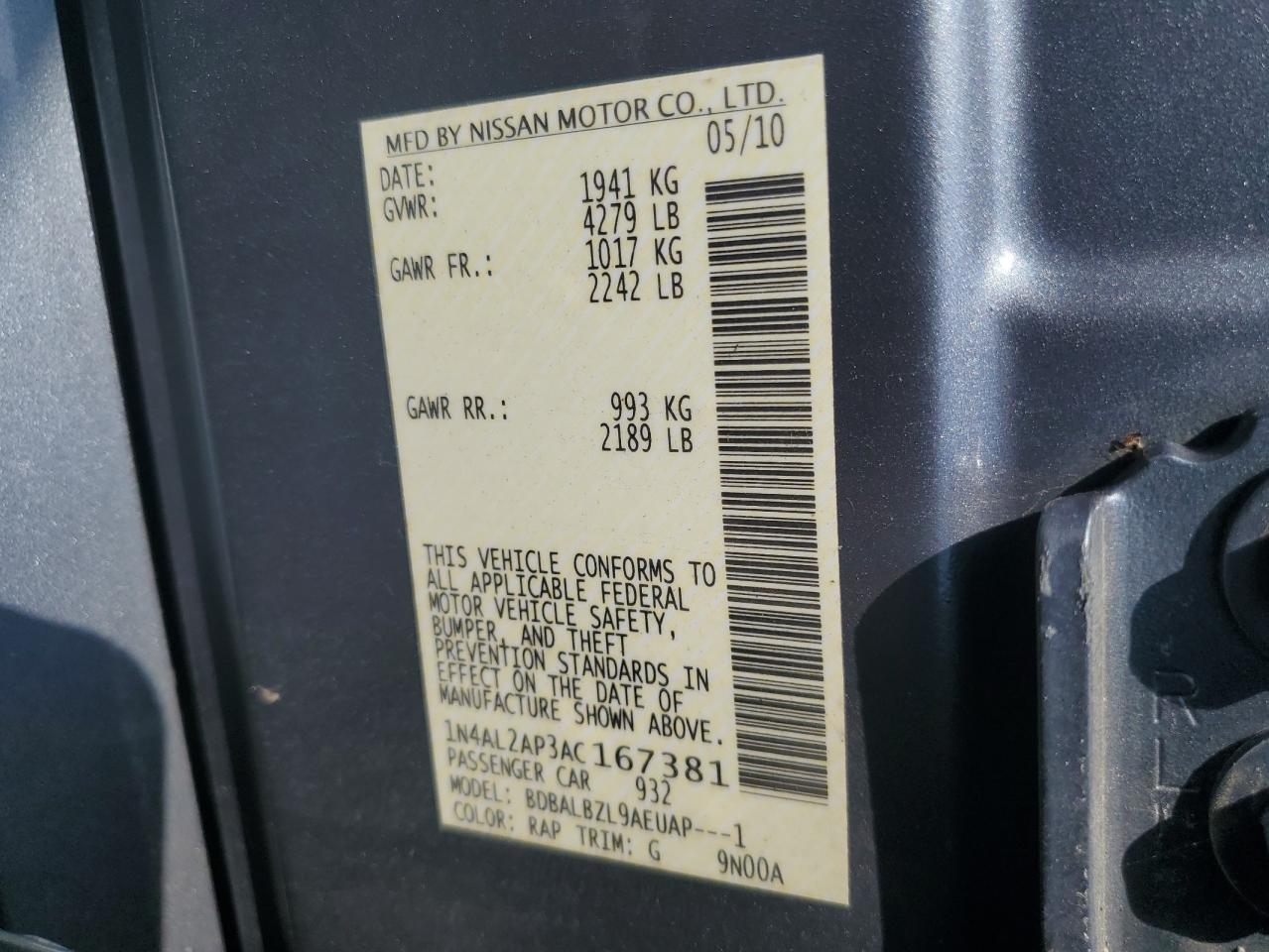 2010 Nissan Altima Base VIN: 1N4AL2AP3AC167381 Lot: 81609945