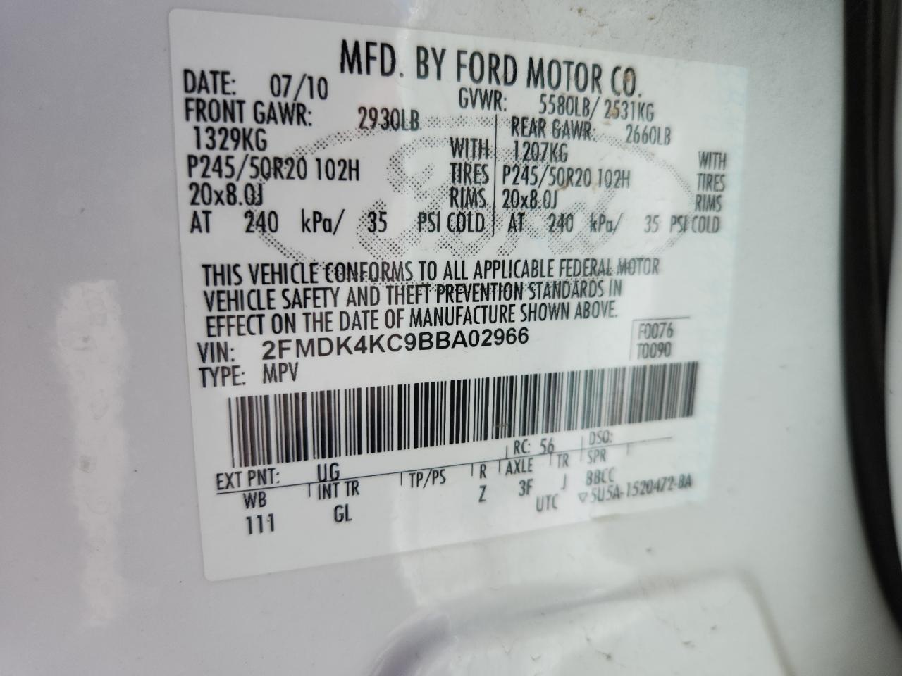 2011 Ford Edge Limited VIN: 2FMDK4KC9BBA02966 Lot: 83967525