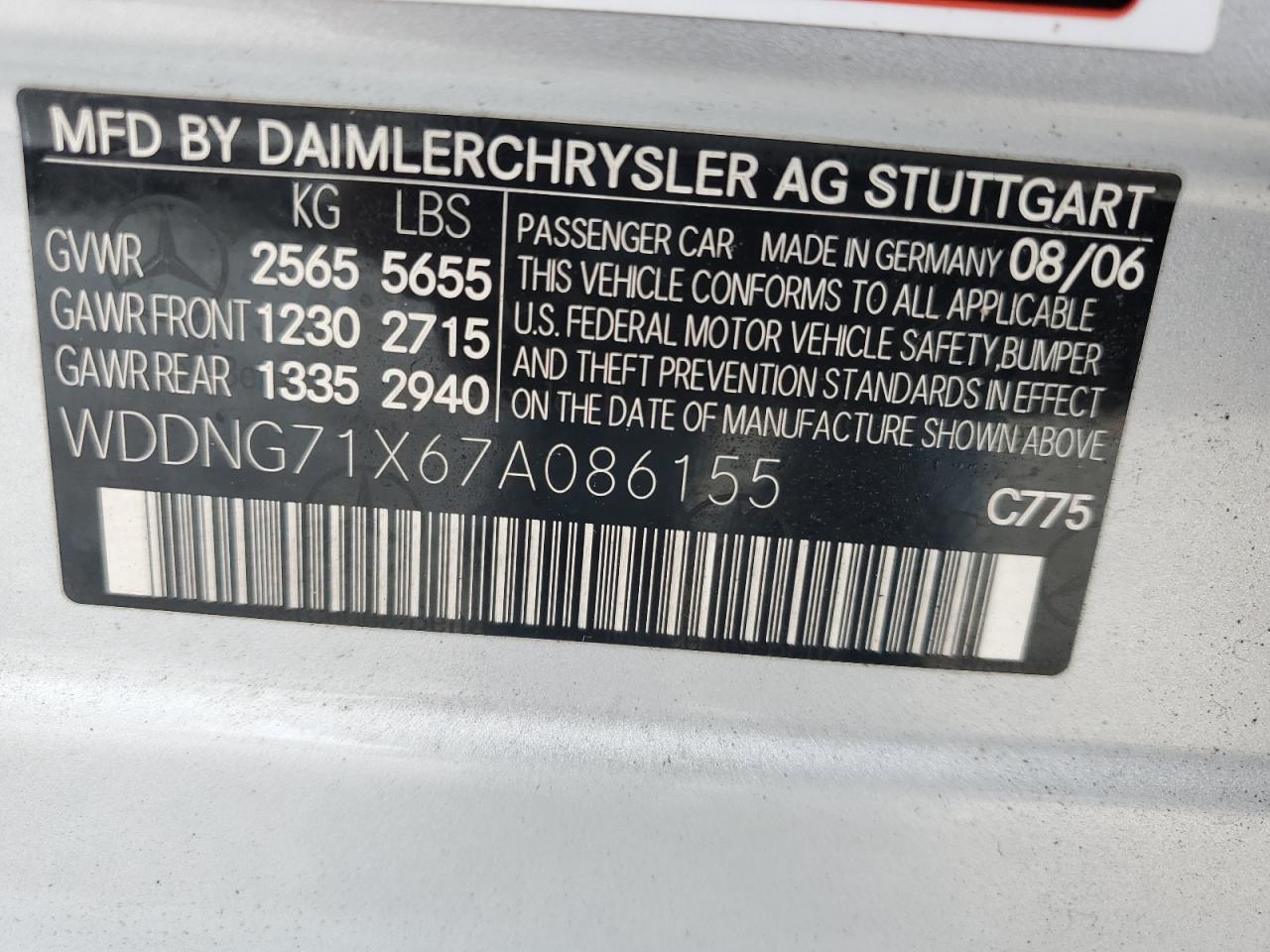 2007 Mercedes-Benz S 550 VIN: WDDNG71X67A086155 Lot: 70991215