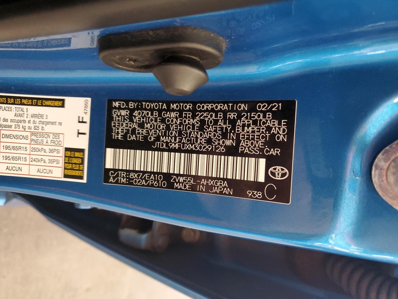 2021 Toyota Prius Le VIN: JTDL9MFUXM3029126 Lot: 71083665