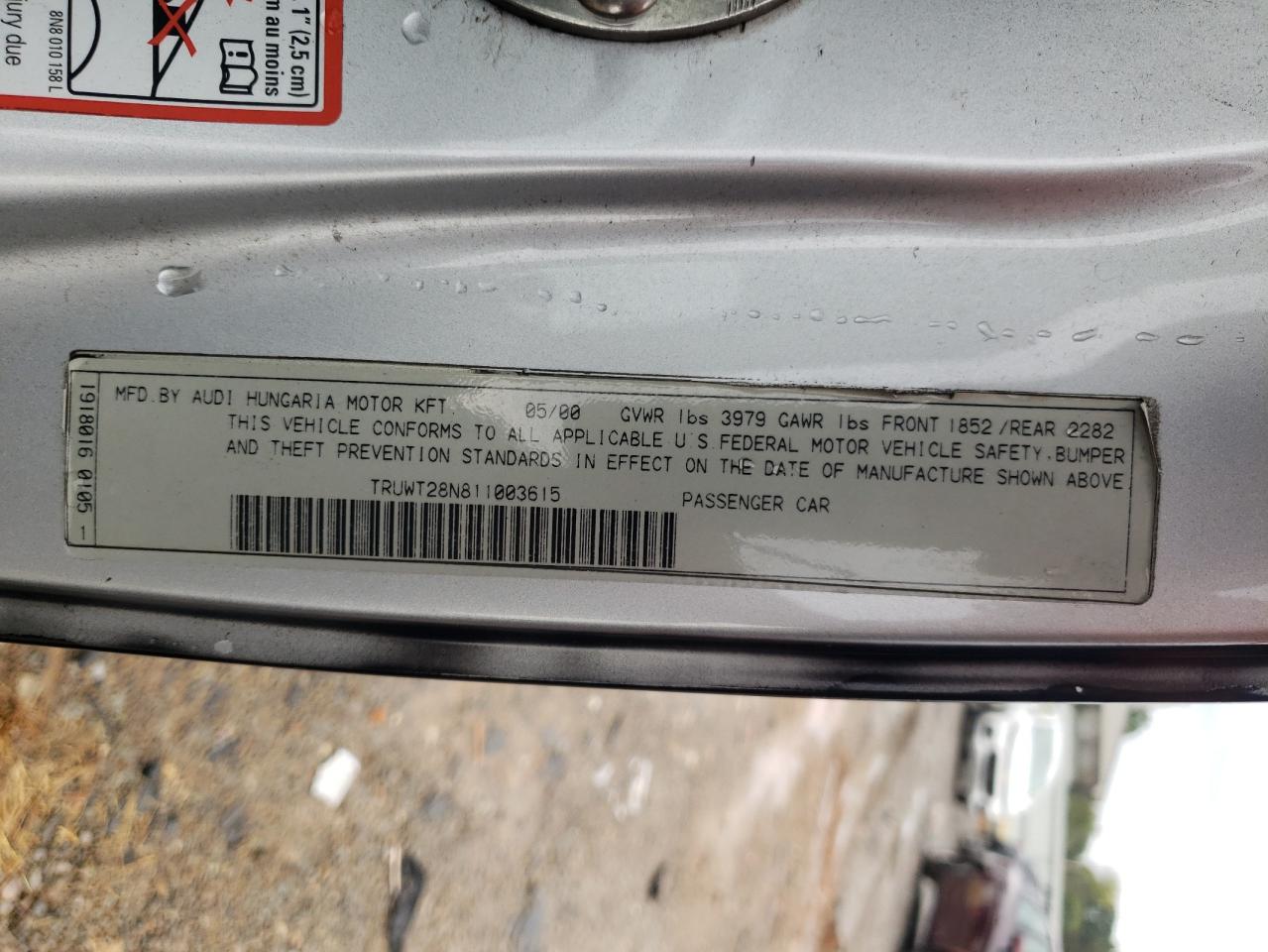 2001 Audi Tt Quattro VIN: TRUWT28N811003615 Lot: 84006055