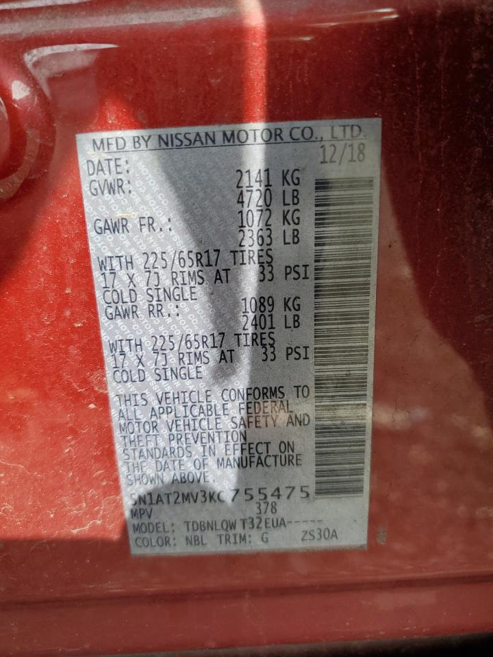 2019 Nissan Rogue S VIN: 5N1AT2MV3KC755475 Lot: 83961435