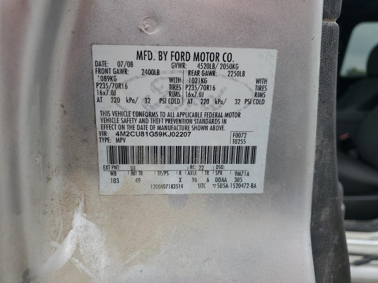 2009 Mercury Mariner VIN: 4M2CU81G59KJ02207 Lot: 82161455