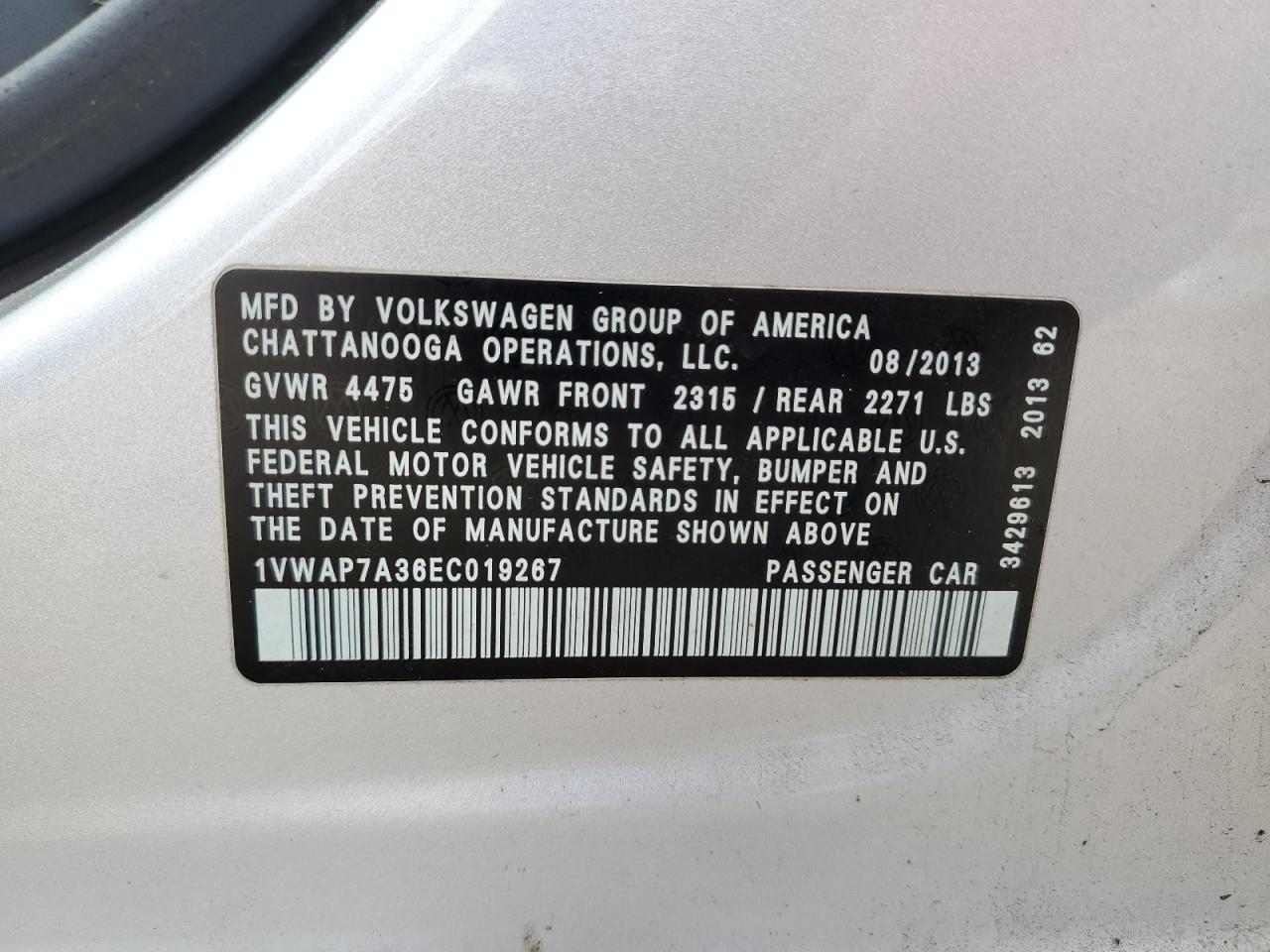 2014 Volkswagen Passat S VIN: 1VWAP7A36EC019267 Lot: 81607025
