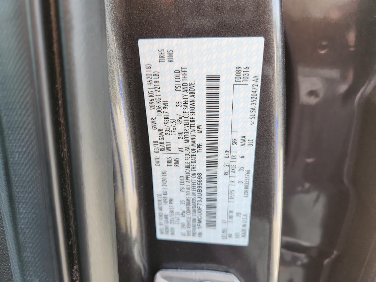 2018 Ford Escape S VIN: 1FMCU0F73JUB95698 Lot: 80991565